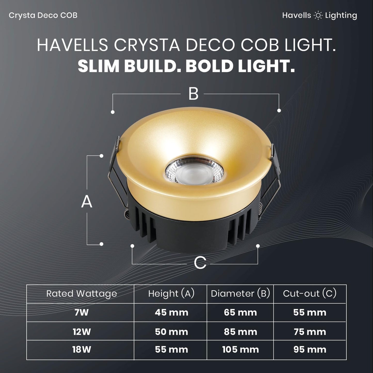 Havells Crysta Deco Cob 7W 6K Sand Gold,Led-Spotlights,Energy Efficient,Long Life of 25000 Burning Hours,Beam Angle of 36°,Metal Body Cob with Independent Driver,Cool Daylight (6500K)