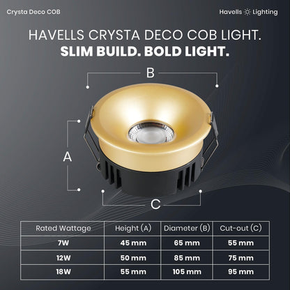 Havells Crysta Deco Cob 7W 6K Sand Gold,Led-Spotlights,Energy Efficient,Long Life of 25000 Burning Hours,Beam Angle of 36°,Metal Body Cob with Independent Driver,Cool Daylight (6500K)