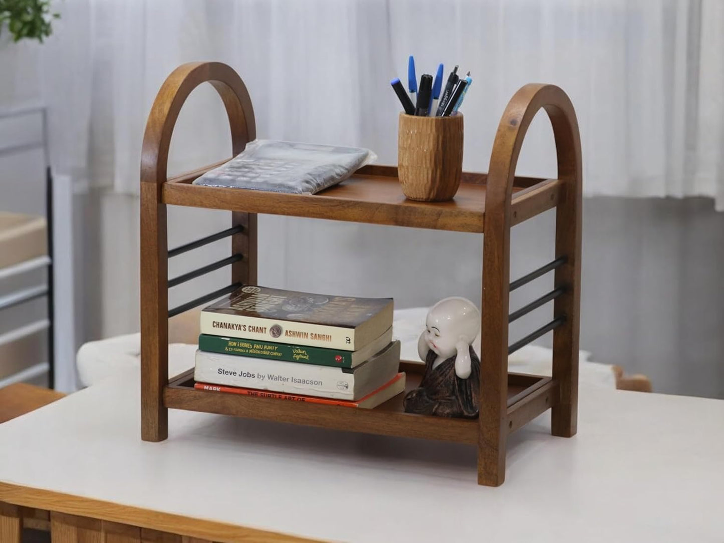 Udaipur Handicrafts Wooden Organizer Rack Stand for Kitchen, Bathroom, Countertop & Office | Mango Wood & Iron Storage Shelf with Dual Shelves for Spices, Toiletries, Books & Decor | 45.5 x 27 x 45 cm