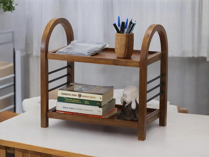 Udaipur Handicrafts Wooden Organizer Rack Stand for Kitchen, Bathroom, Countertop & Office | Mango Wood & Iron Storage Shelf with Dual Shelves for Spices, Toiletries, Books & Decor | 45.5 x 27 x 45 cm