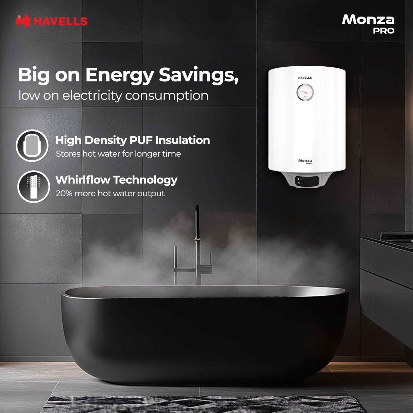 Havells Monza Pro 15L Storage Water Heater(Geyser)|Faster Heating|Safer to use|Saves electricity|Engineered for Hard Water|Endurashield Coated Anti Rust Tank|Whirlflow Technology|High Rise suitable