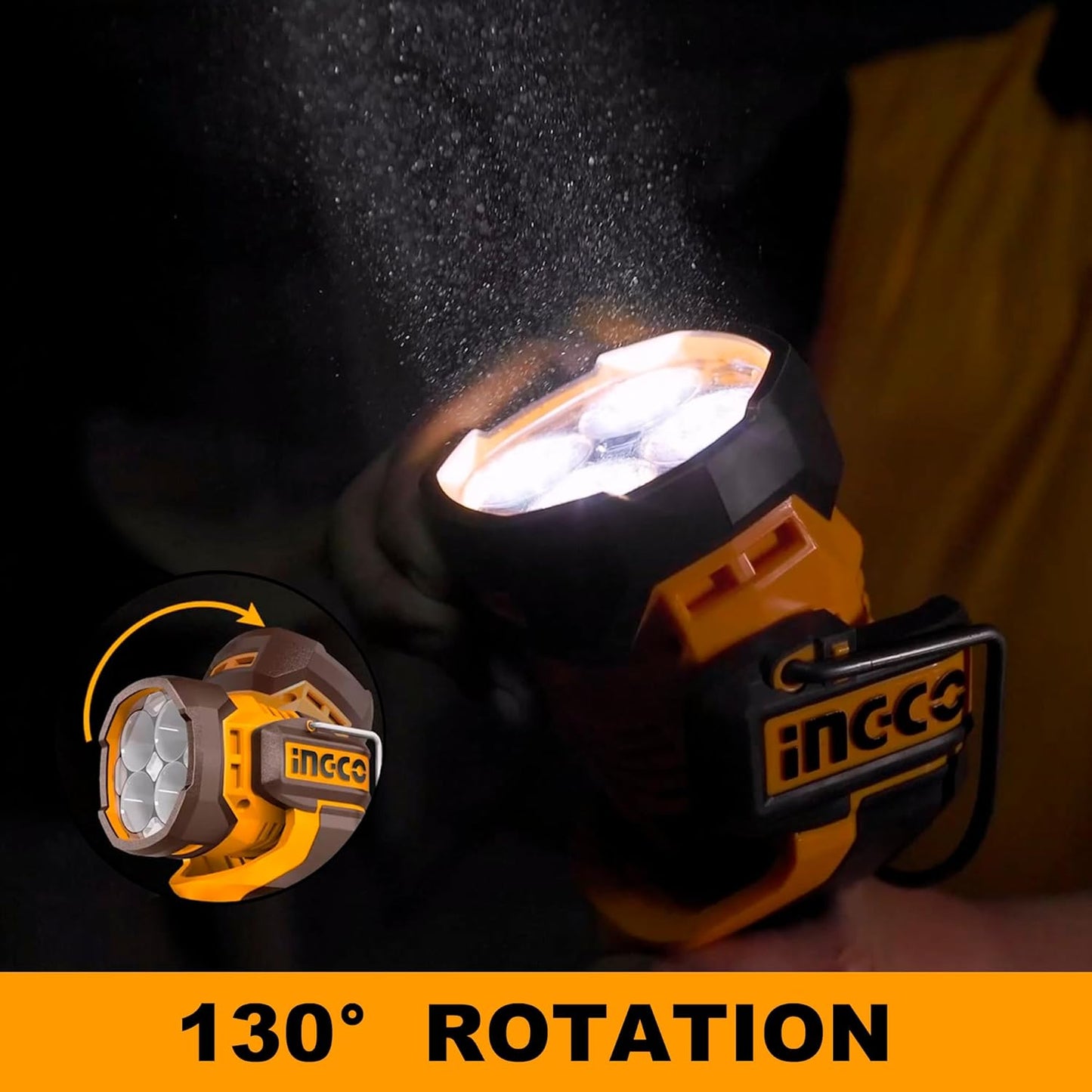 Ingco 20V Lithium-Ion Cordless Torch 2000 Lumens, 3 Mode Settings, Adjustable Head, Hands-Free Design Handheld Work Lamp with 1Pcs 2.0Ah Battery and Charger CWLI20881