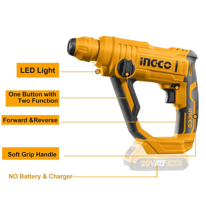 Ingco Cordless Rotary Hammer, 20V Lithium-Ion Hammer Drill for Home Use, 5100 BPM, 2 Mode Operation, 1.5J, Rotary Hammer With SDS-plus Drill Bits (Tool Only)