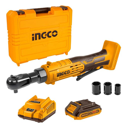 Ingco Cordless Drive Ratchet Wrench, 3/8", 65 Nm, With Battery & Charger, With Sockets, for Car Vehicle Use