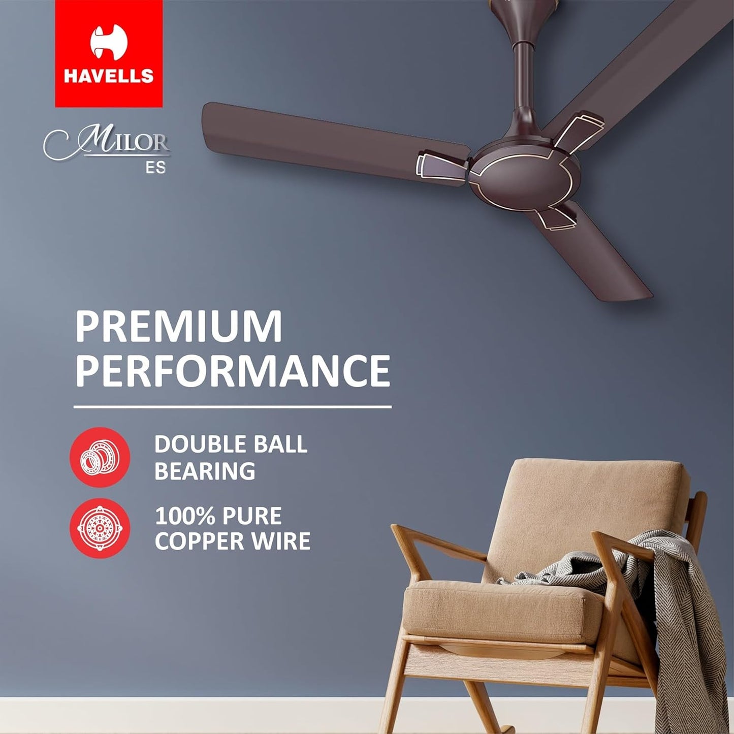 Havells 1200Mm Milor Energy Saving Ceiling Fan (Dusk, Pack Of 1),Chocolate, 1 Star