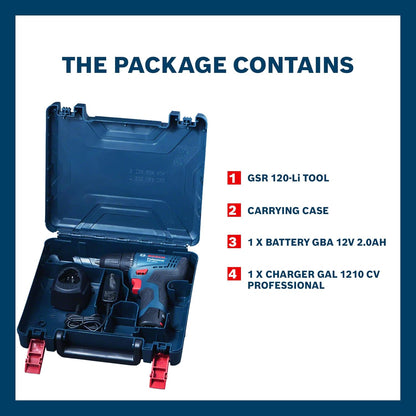 BOSCH Professional GSR 120 Li Cordless Drill Driver | Speed (1st/2nd)- 0-400/0-1500 RPM | Torque (Hard/Soft)- 30/14 Nm | Chuck Capacity of 10 mm | 1 12V Battery & 1 charger Included| 1 Year Warranty