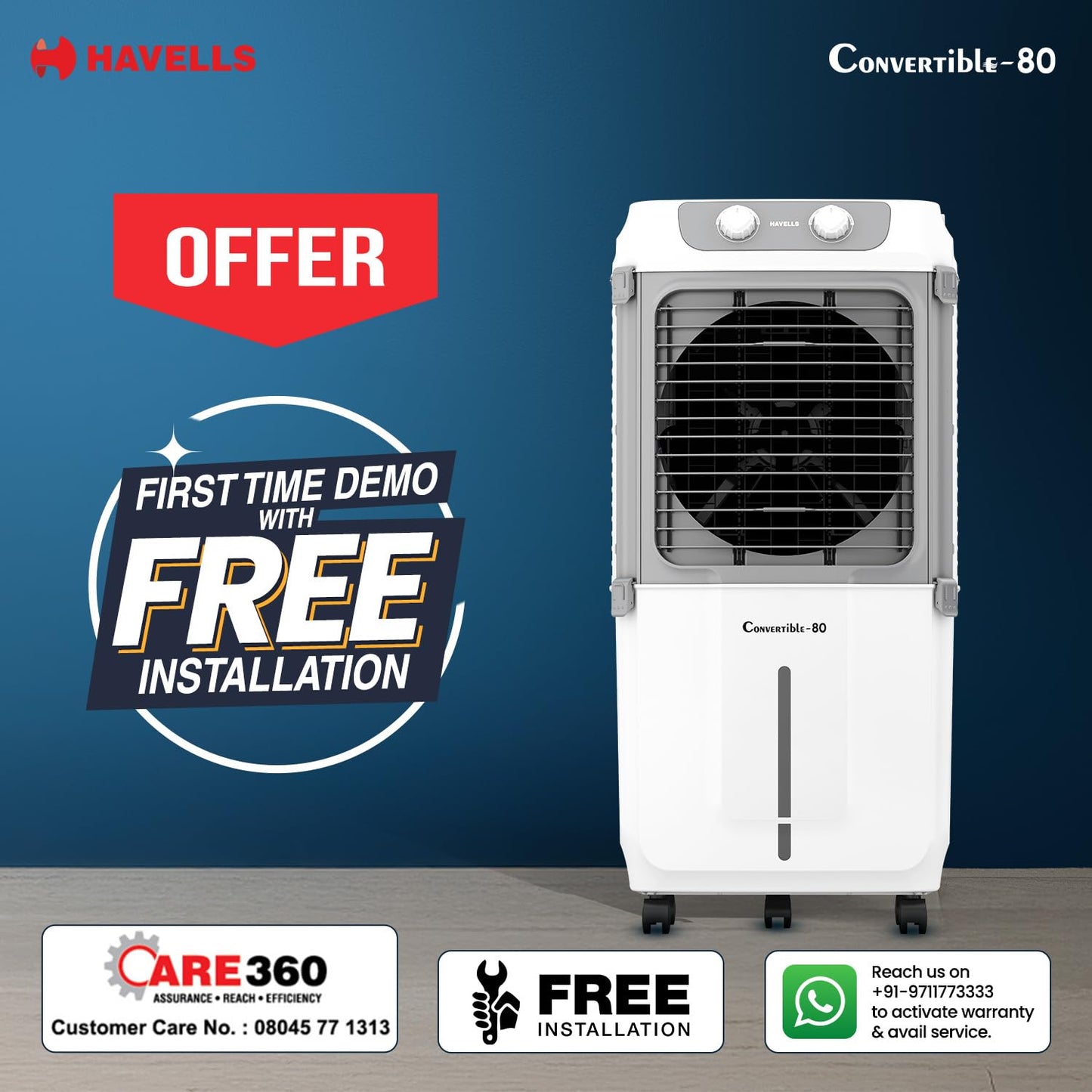 Havells 2-in-1 Convertible 80 L Desert Air Cooler for room| Dual functionality & easy storing| Can be used as side table| 5 Leaf Metal Blade Fan| Powerful Air-Delivery| Bacteria shield honeycomb pads