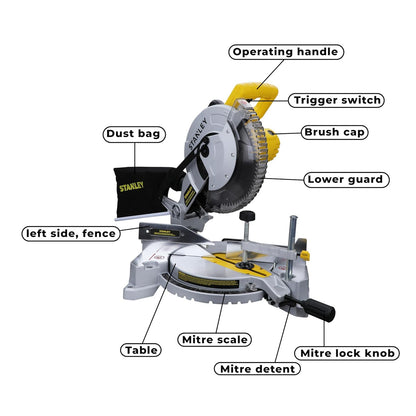 STANLEY SM16-IN 1650W 10" Compound Mitre Saw, 4800 RPM, Compact Size and Lightweight 254mm Blade Diameter+ 1 Year Warranty, (Yellow and Black)