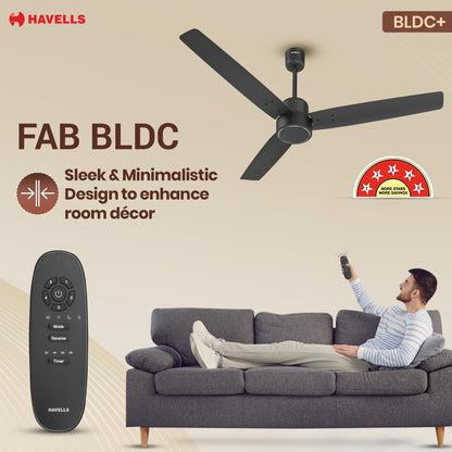 Havells FAB BLDC Ceiling Fan 1200mm (Made In India), 380 RPM, Savings Upto 65%, Reverse Rotation, 4 Modes (Boost,Sleep,Breeze,Mop), Low Wattage 30W, Low Noise, Air Flow:225 CMM, 3Y Warranty, Black