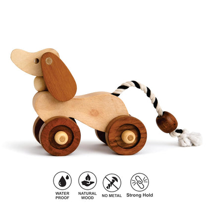 UdrCrafts® Wooden Dog Pull-Along Toy for Toddlers | Natural Solid Wood | Cotton Pull String | No Metal | Eco-Friendly & Plastic-Free | Smooth Rolling Wheels | Nursery Decor Toy (1.5–4 Years)