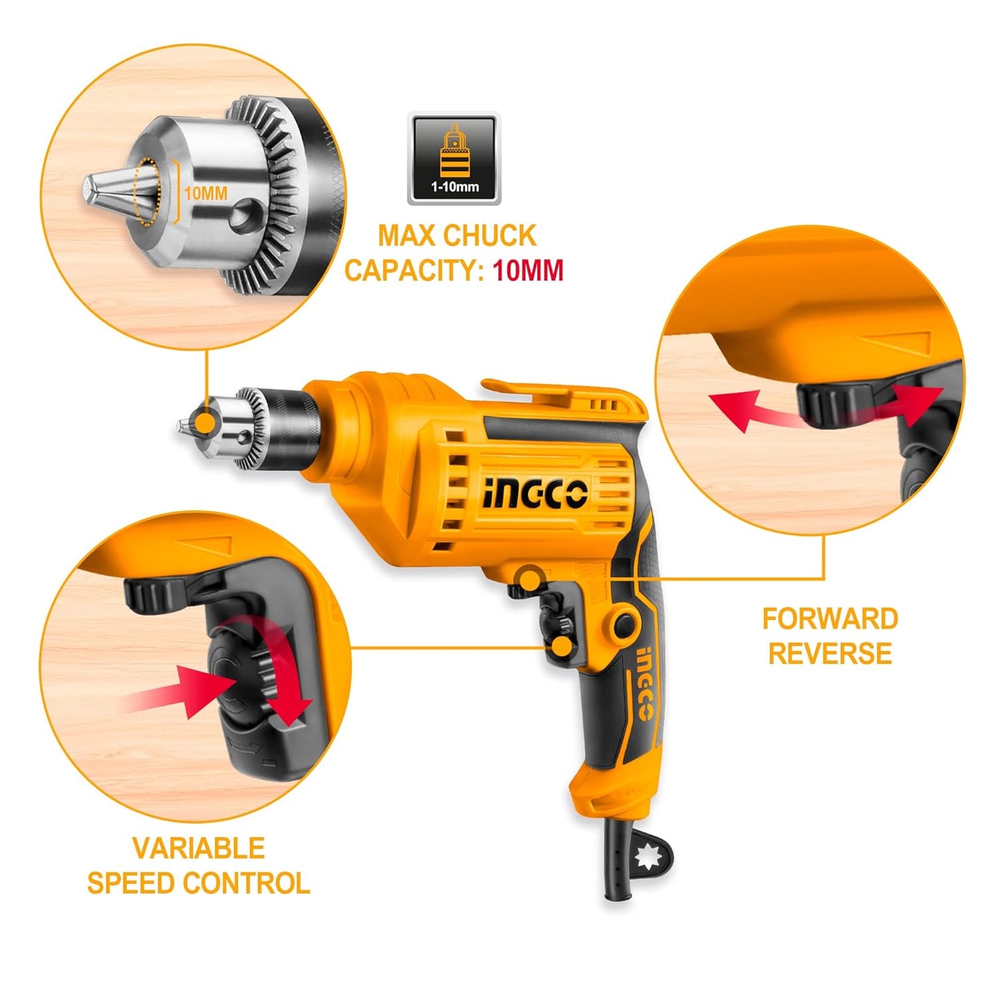 INGCO Electric Drill, 500W and 3300RMP Power Drill, Corded Electric Drill, 1.0-10 millimeters Chuck Capacity Power Drill, Variable Speed, Froward/Reverse Switch, Yellow