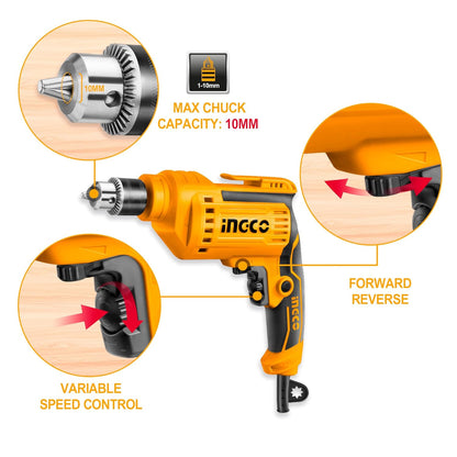 INGCO Electric Drill, 500W and 3300RMP Power Drill, Corded Electric Drill, 1.0-10 millimeters Chuck Capacity Power Drill, Variable Speed, Froward/Reverse Switch, Yellow