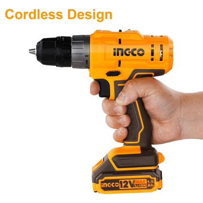 Ingco 12V Cordless Drill With 2 Pcs Batteryies, Charger, Plastic Chuck, 1 Pcs Drill Bit, 25Nm, 1500 Rpm, 0.8-10Mm, 5+1 Torque, Variable Speed, Led, Yellow,Brown