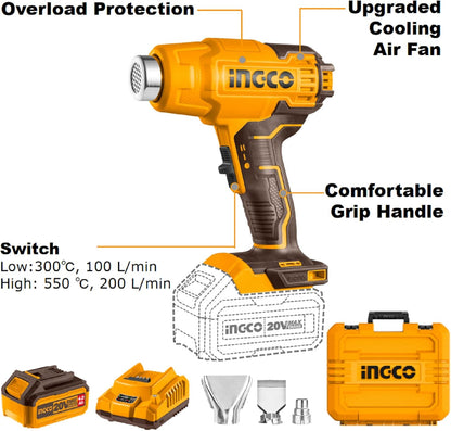 INGCO Cordless Hot Air Gun with 4.0Ah Battery and Charger, Max 1022°F(550°C) 20V Portable Heat Gun Packed by Plastic Box, 3Pcs Nozzle for Pipe Bending, Shrinking, Paint Stripping HGLI20025
