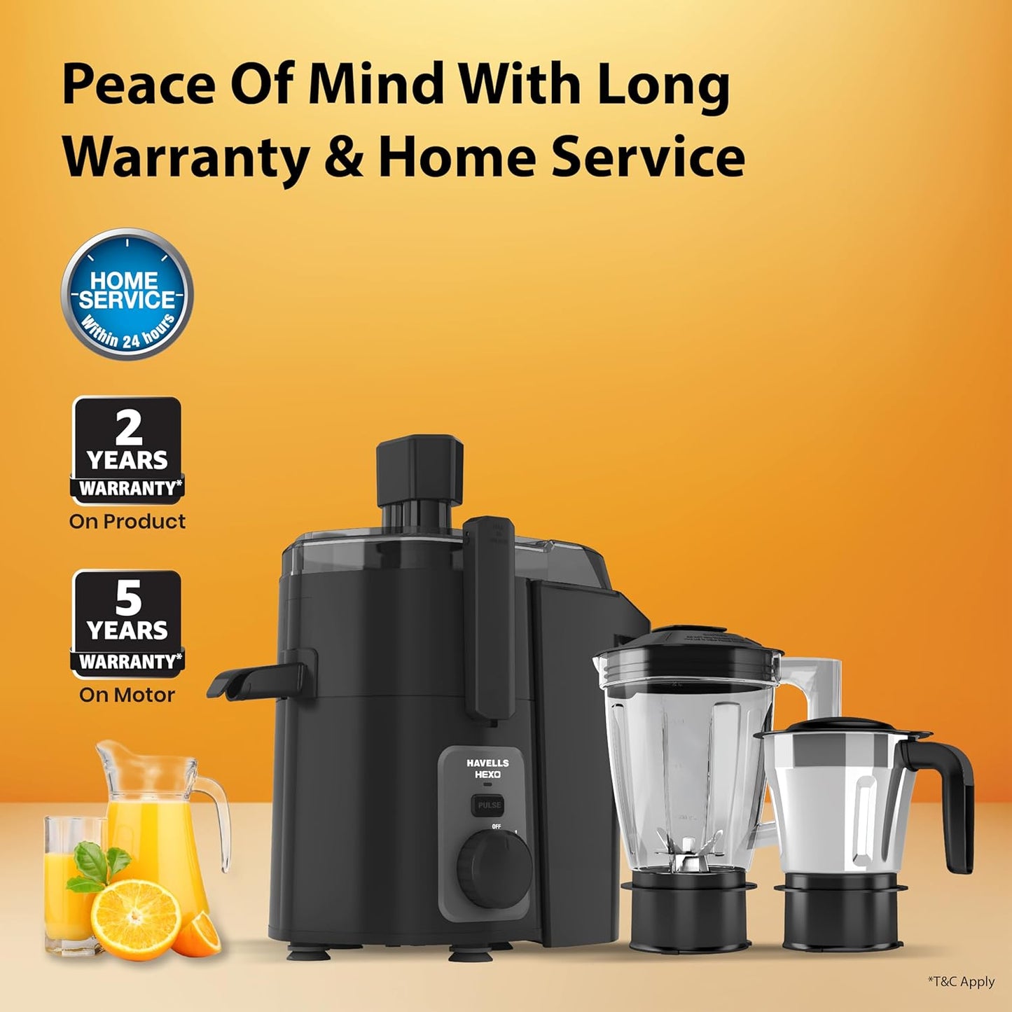 Havells Hexo 950 Watt Juicer Mixer Grinder | Copper Motor with Double Ball Bearing | 2 Jars (Polycarbonate & SS) | 22000 RPM | 100 Min Continuous Run | Metal Teeth Coupler | (Black & Silver)