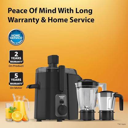 Havells Hexo 950 Watt Juicer Mixer Grinder | Copper Motor with Double Ball Bearing | 2 Jars (Polycarbonate & SS) | 22000 RPM | 100 Min Continuous Run | Metal Teeth Coupler | (Black & Silver)