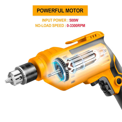 INGCO Electric Drill, 500W and 3300RMP Power Drill, Corded Electric Drill, 1.0-10 millimeters Chuck Capacity Power Drill, Variable Speed, Froward/Reverse Switch, Yellow