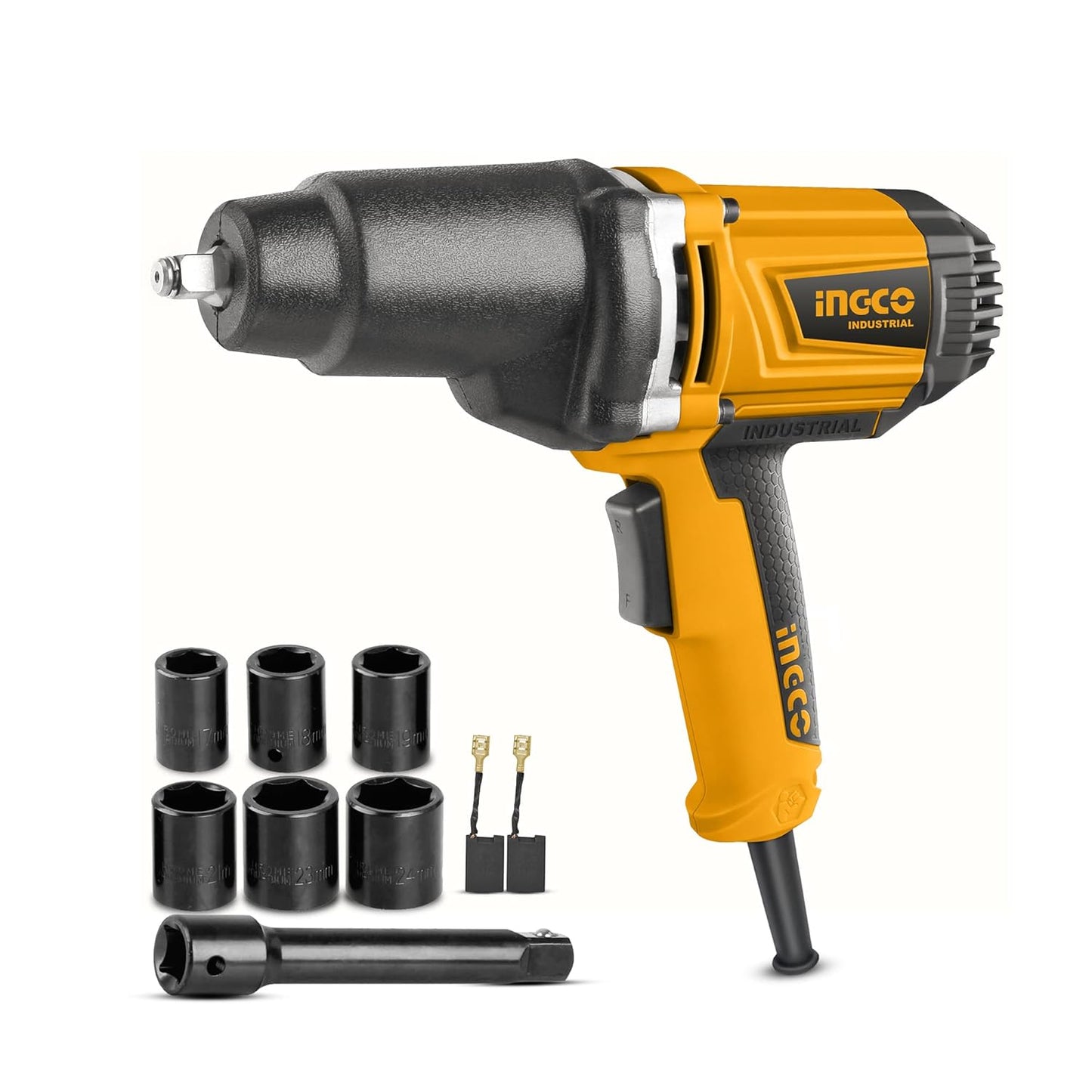 Ingco Impact Wrench, 2300rpm | 550N.M | 1/2"" Square Drive Electric Impact Wrench, Aluminum Gear Box with Rubber, Impact Wrench Tool Kit with 6pcs Sockets, 1pcs 125mm Adaptor