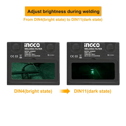 INGCO Auto Darkening Welding Helmet, Solar Powered Welding Mask, 90×35mm | 2 Arc Sensor | 1/5000s Switching time | DIN 16 UV/IR Protection Welding Hood for Welding, Grinding, Cutting and so on