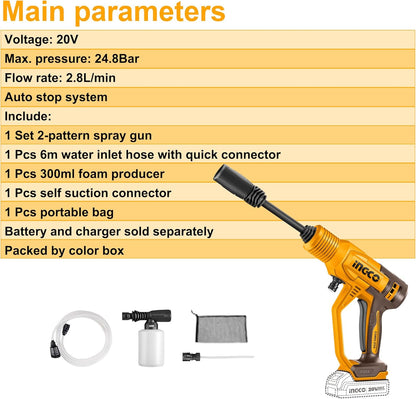 INGCO 20V Cordless Pressure Washer (Body Only) Lithium-Ion Power Washer 24.8Bar Pressure 2.8L/min Flow Rate CPWLI2036