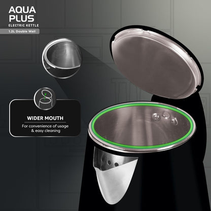 Havells Aqua Plus Electric Kettle 1.2 Litre, 1250 Watt | 304 Stainless Steel Inner Body | Cool Touch Body | Auto Shut-Off |Wider Mouth|2 Years Door Step Warranty by Havells (Black)