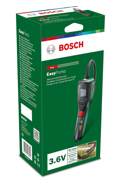 Bosch Easy Pump Cordless Bike Tyre Inflator, Portable Electric Air Pump, 3.0 Ah Battery, 3.6 Volt, Autostop Function, Digital Display & LED Light, USB-C Rechargeable, 0.43 kg