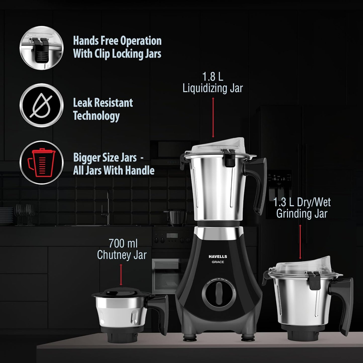 Havells Grace BLDC+ Mixer Grinder 800W|3 Jars|50% less perceptible Noise|45% Higher Grinding Power|Wider Mouth Jars with Clip Locking|Leak Resistant Jars|Lifetime Manufacturer Warranty on Motor(Black)