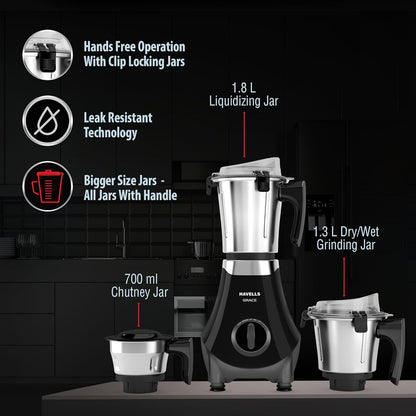 Havells Grace BLDC+ Mixer Grinder 800W|3 Jars|50% less perceptible Noise|45% Higher Grinding Power|Wider Mouth Jars with Clip Locking|Leak Resistant Jars|Lifetime Manufacturer Warranty on Motor(Black)