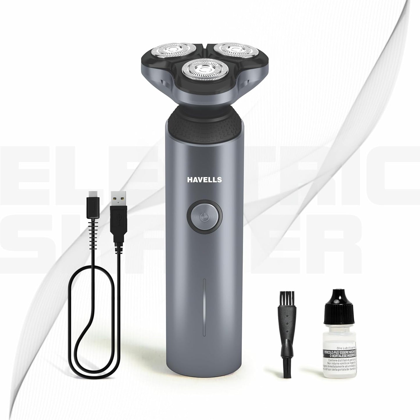 Havells RS7020 3 Head Rotary Shaver with Built in pop-up Trimmer for Wet & Dry Shave; IPX7 Waterproof; Protection from cuts (Grey)