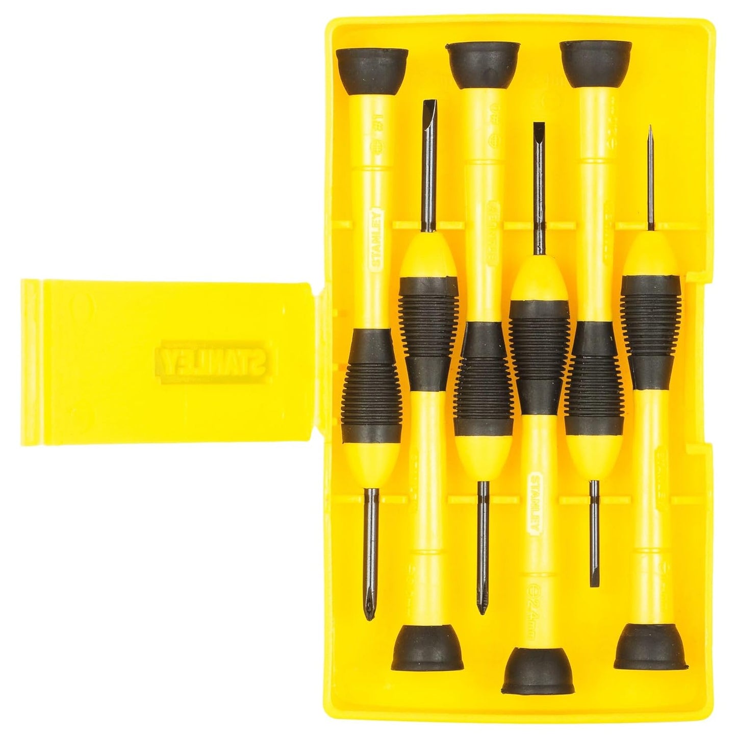 STANLEY 66-052 Precision Screwdriver Set, 6 pcs, 84 gms, Rotating Tip, Bi-Material Handle with Cushioned Grip, Used in Machines, Automobiles & Cars, LxWxH: 19.5x10x2cm, Plastic Storage Case Included