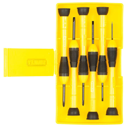 STANLEY 66-052 Precision Screwdriver Set, 6 pcs, 84 gms, Rotating Tip, Bi-Material Handle with Cushioned Grip, Used in Machines, Automobiles & Cars, LxWxH: 19.5x10x2cm, Plastic Storage Case Included