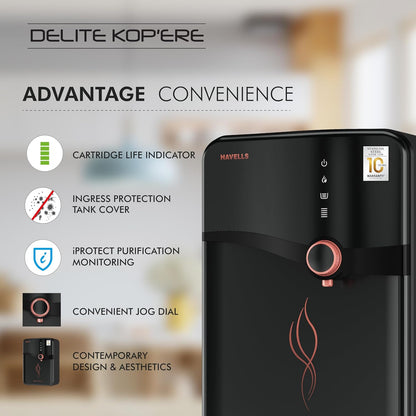 Havells Delite Kop'ere Water Purifier (Black), RO+UV+pH Balance, 7 Stages, 6.5L Stainless Steel Tank,Copper+Zinc+Minerals, Suitable for Borewell, Tanker & Municipal Water