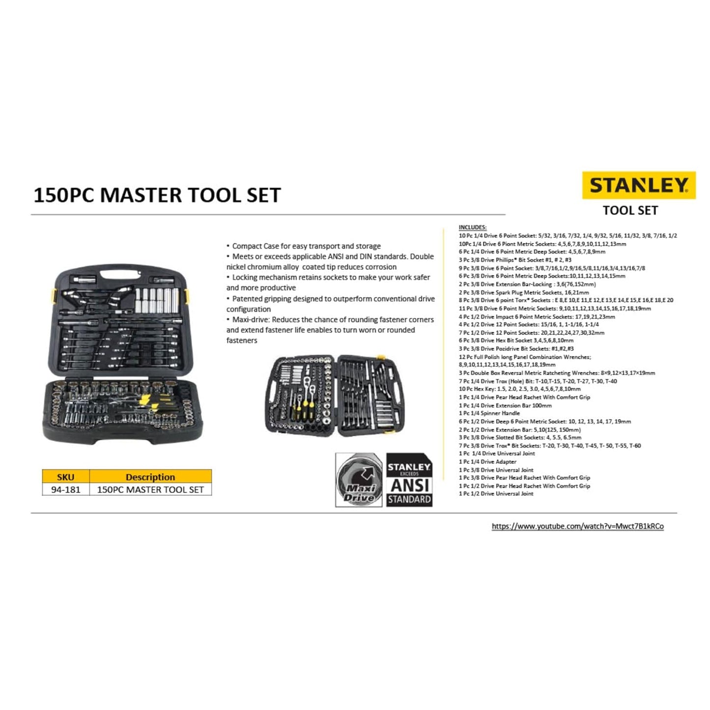 STANLEY 94-181 150-Piece High Quality Multi-Toolkit containing Spanners, Drivers, Sockets, Bits & Wrenches for Home, DIY & Professional Use, YELLOW & BLACK