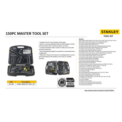 STANLEY 94-181 150-Piece High Quality Multi-Toolkit containing Spanners, Drivers, Sockets, Bits & Wrenches for Home, DIY & Professional Use, YELLOW & BLACK