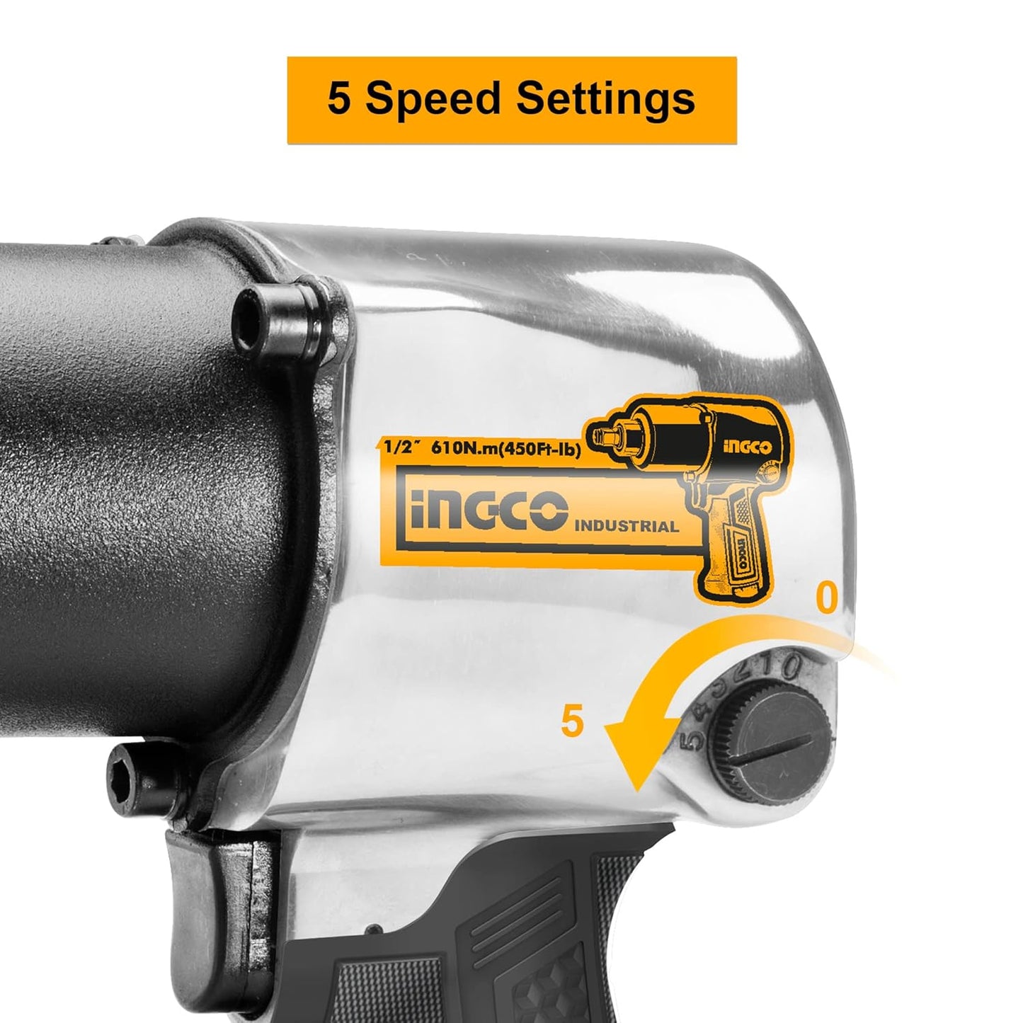 Ingco Air Impact Wrench, 7000 Rpm | 610Nm | 2 Hammer Mechanism, Pneumatic Impact Wrench Tool Kit With 3 Pcs Socket, 5 Type Connector - Box End