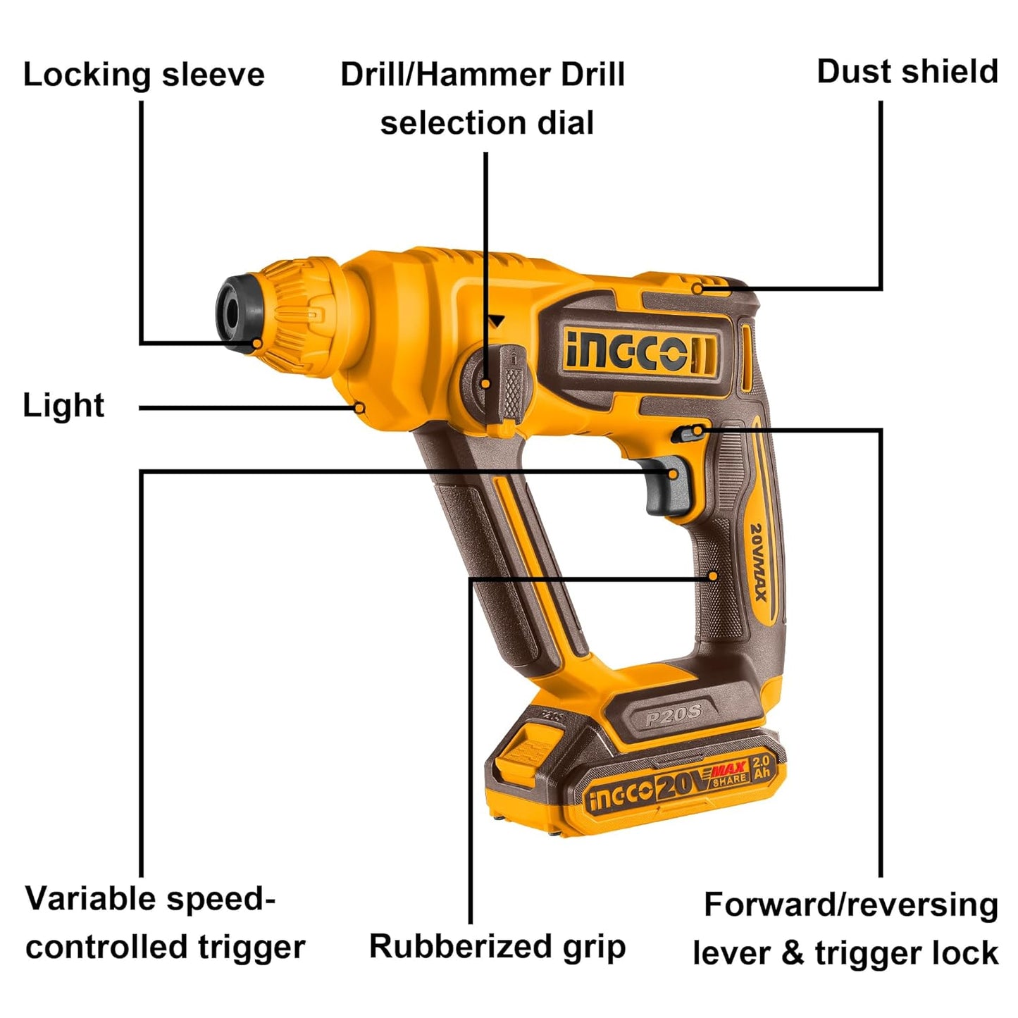 Ingco Cordless Hammer Drill Machine, Battery Hammer Drill Machine With Battery And Drill Bits, Impact Function For Home Use,Multicolour
