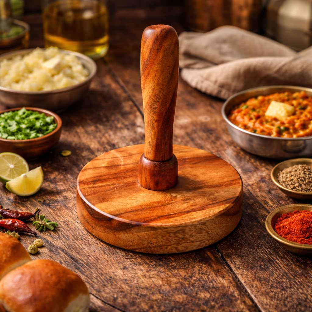 Udaipur Handicrafts  Potato Masher & Roti Presser | Natural Sheesham Wood Pav Bhaji Masher for Vegetables, Paratha & Flatbreads | Multipurpose Kitchen Tool