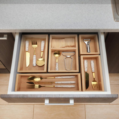 Udaipur Handicrafts Solid Wood Drawer Organizer Set, 5 PCS Multi-Use Wooden Storage Organizers, Drawer Divider and Storage Trays for Kitchen, Makeup, Jewelry, Utensils