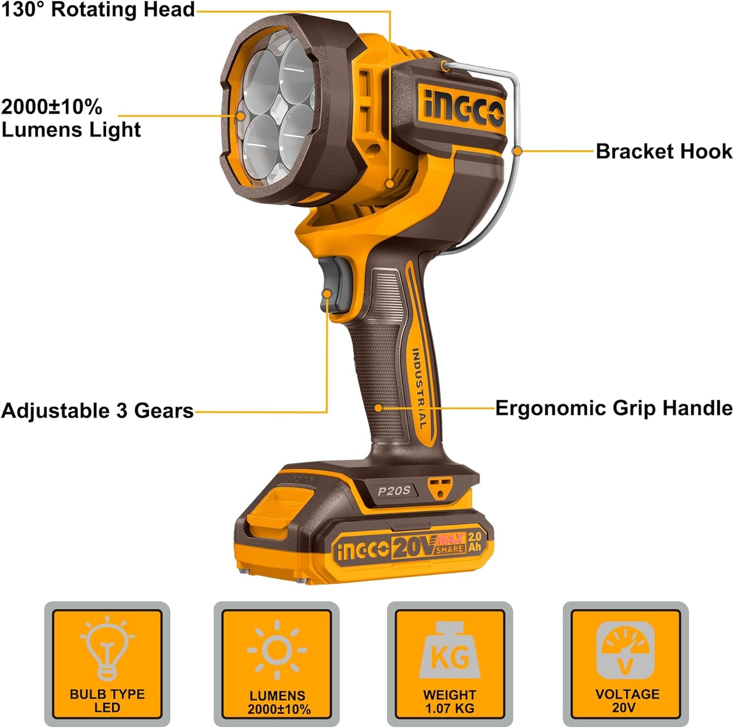 Ingco 20V Lithium-Ion Cordless Torch 2000 Lumens, 3 Mode Settings, Adjustable Head, Hands-Free Design Handheld Work Lamp with 1Pcs 2.0Ah Battery and Charger CWLI20881