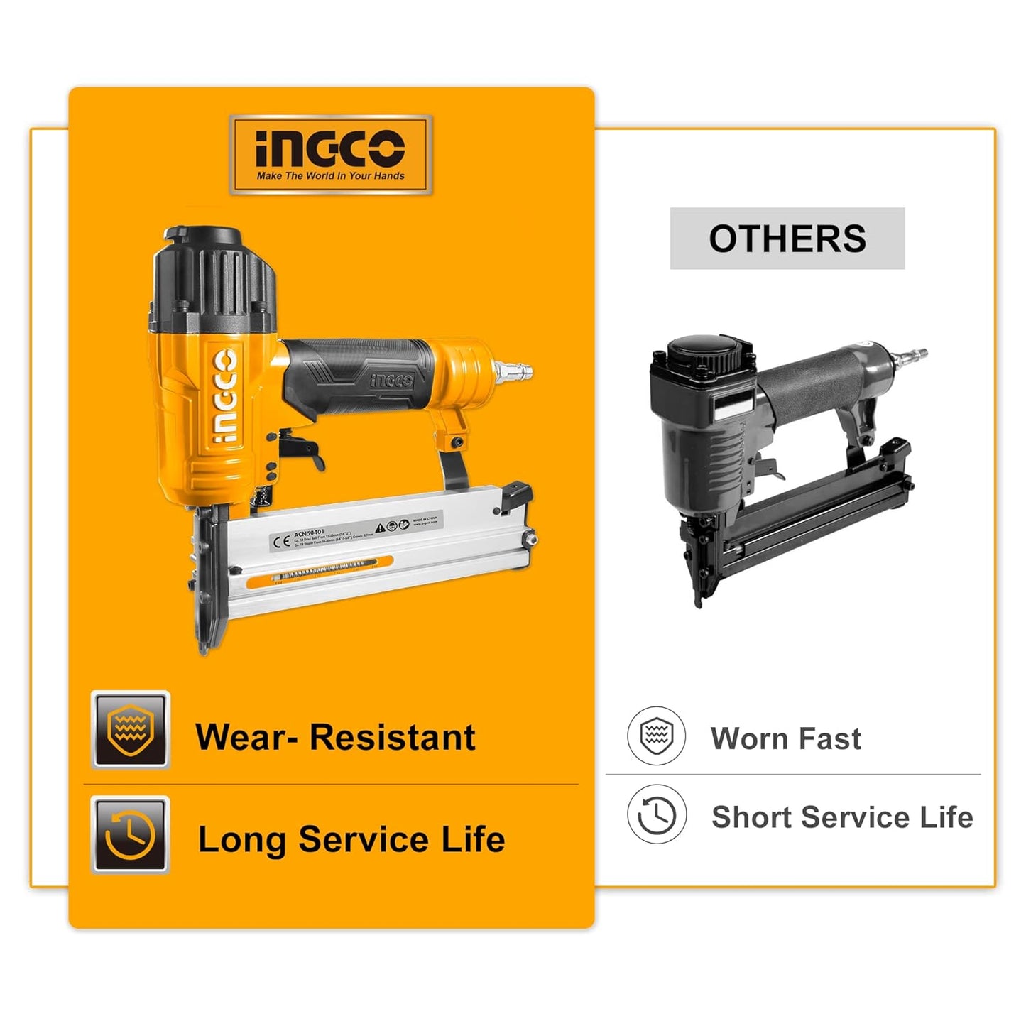 INGCO 2 In 1 Combo Brad Nailer, Nail Gun, Ga18 | 100pcs Capticaty | 4 Type Connector | 0.4-0.7Mpa with 1000pcs Brad Nails & 200pcs Staples, for Wood, Upholstery, Carpet, Wire Fencing