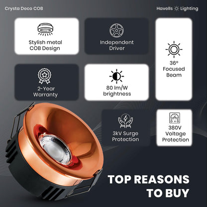 Havells Crysta Deco Cob 7W 4K Rose Gold,Led-Spotlights,Energy Efficient,Long Life of 25000 Burning Hours,Beam Angle of 36°,Metal Body Cob with Independent Driver,Natural Daylight (4000K)