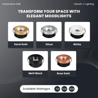 Havells Crysta Deco Cob 7W 6K Sand Gold,Led-Spotlights,Energy Efficient,Long Life of 25000 Burning Hours,Beam Angle of 36°,Metal Body Cob with Independent Driver,Cool Daylight (6500K)
