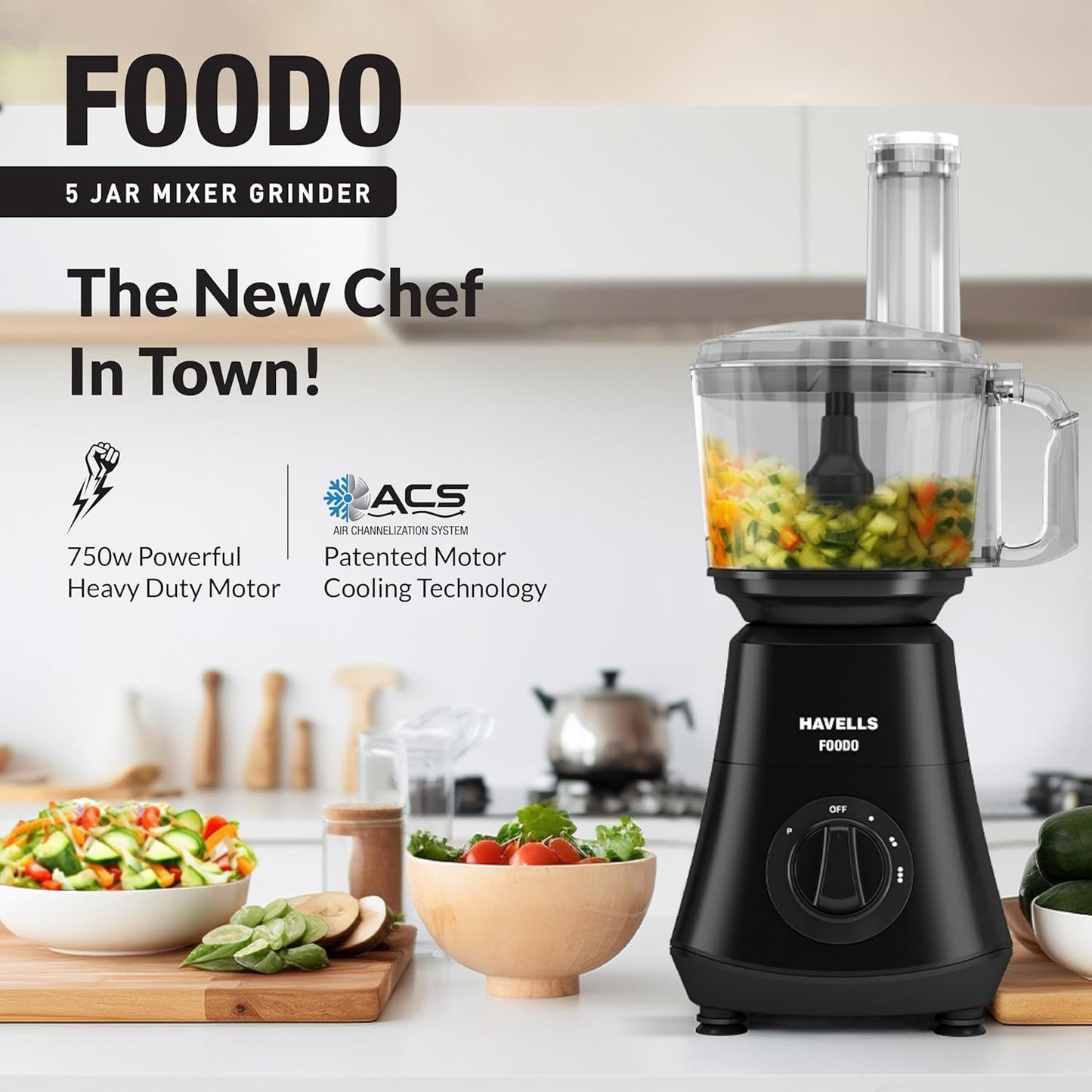 Havells Foodo Heavy Duty 750 Watt_Hours 5 Jar Food Processor|Attachement Box For Attachment Storage|Flow Breaker Jars|21000 Rpm|2Yr Product&5Yr Motor Manufacturer Warranty,Black