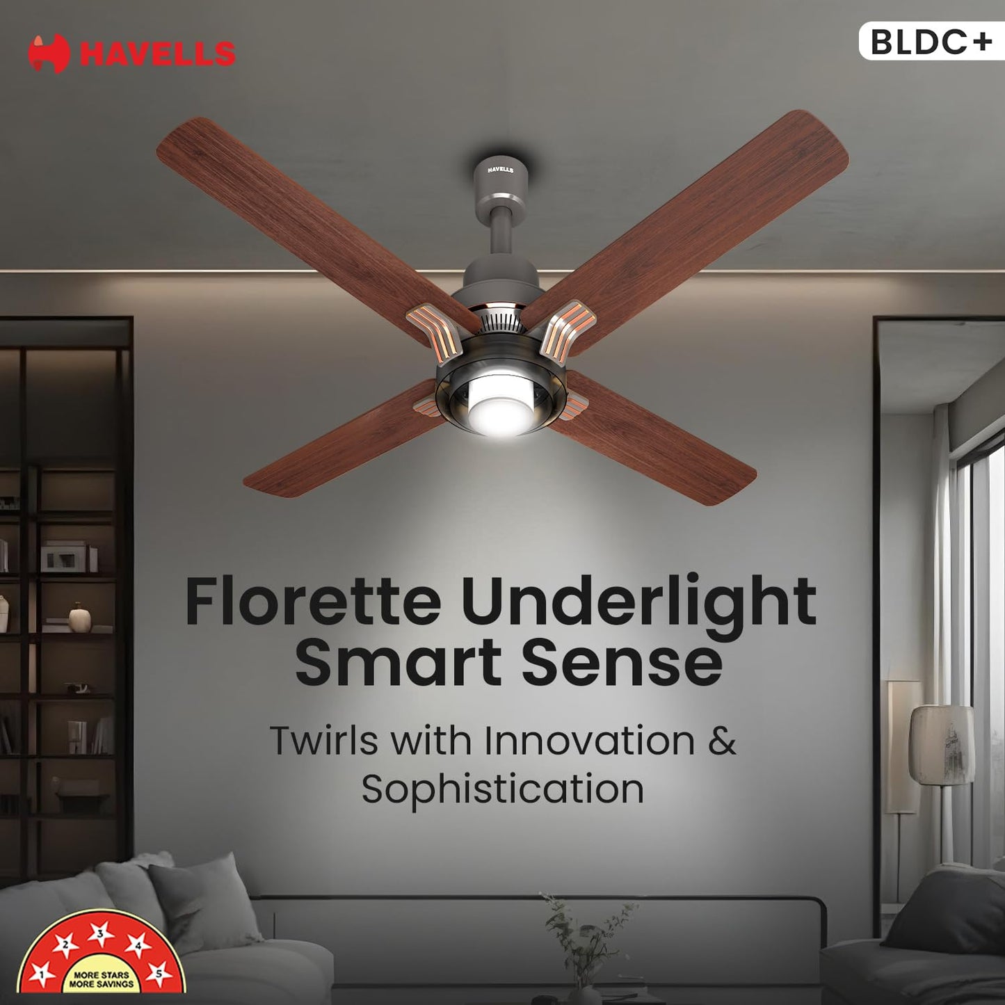 Havells 1320Mm Florette Underlight Bldc Motor Ceiling Fan|Remote Controlled, High Air Delivery Fan|5 Stars Rated, Upto 60% Energy Saving, 2 Year Warranty|(Pack Of 1, Smoke Brown Wood)