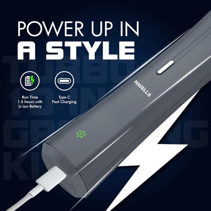 Havells Turbo 10 In 1 Grooming Kit | Hair Trimmer,Face, Ear & Nose |No Nicks & Cuts |LED Indicator| Upto 90 Min Quick Charge| 2 Year Guarantee| GS6110 (Grey)