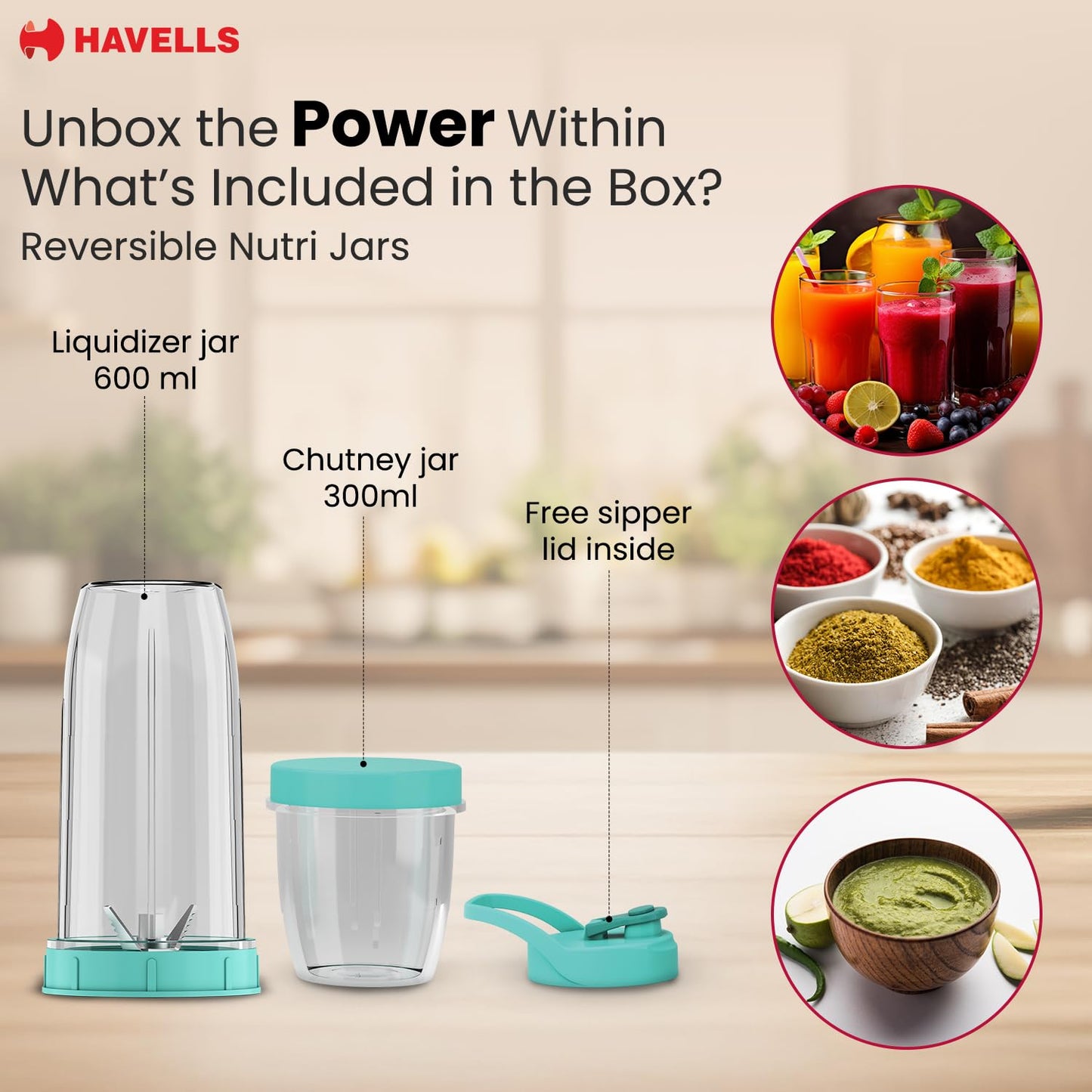 Havells Nutri Power Blender 350 W Mixer Grinder| 1 Speed Switch| Air Vent Technology| Stainless Steel Blade| 2Yrs Manufacturer Warranty (Mint Green)