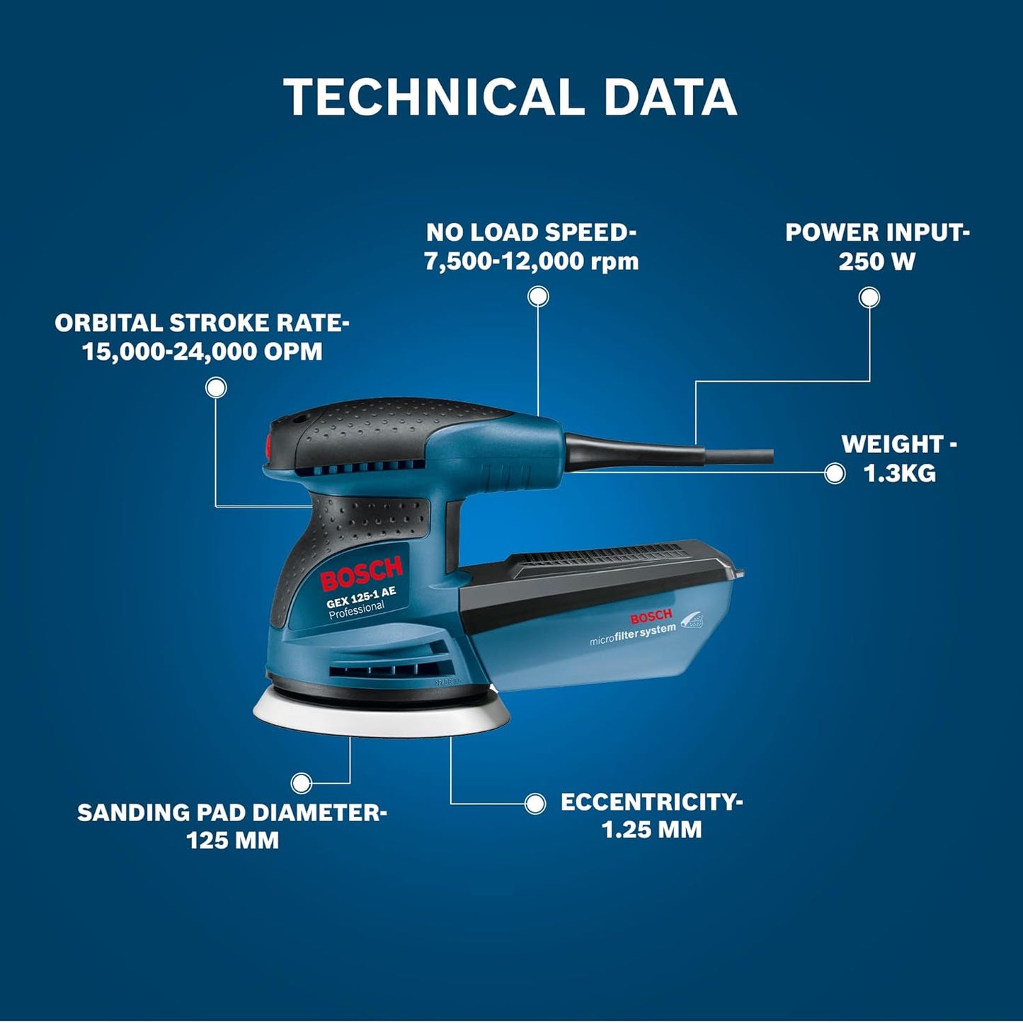Bosch GEX 125-1 AE Heavy Duty Electric Random Orbit Sander, 250W, 12,000 rpm, 24,000 opm, 125 mm Pad Dia., Hook-and-Loop Fastening,1.3 kg + Microfilter box & Bosch Sanding Disc, 1 Year Warranty
