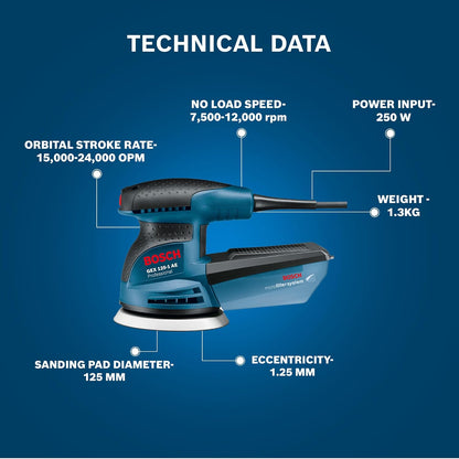 Bosch GEX 125-1 AE Heavy Duty Electric Random Orbit Sander, 250W, 12,000 rpm, 24,000 opm, 125 mm Pad Dia., Hook-and-Loop Fastening,1.3 kg + Microfilter box & Bosch Sanding Disc, 1 Year Warranty