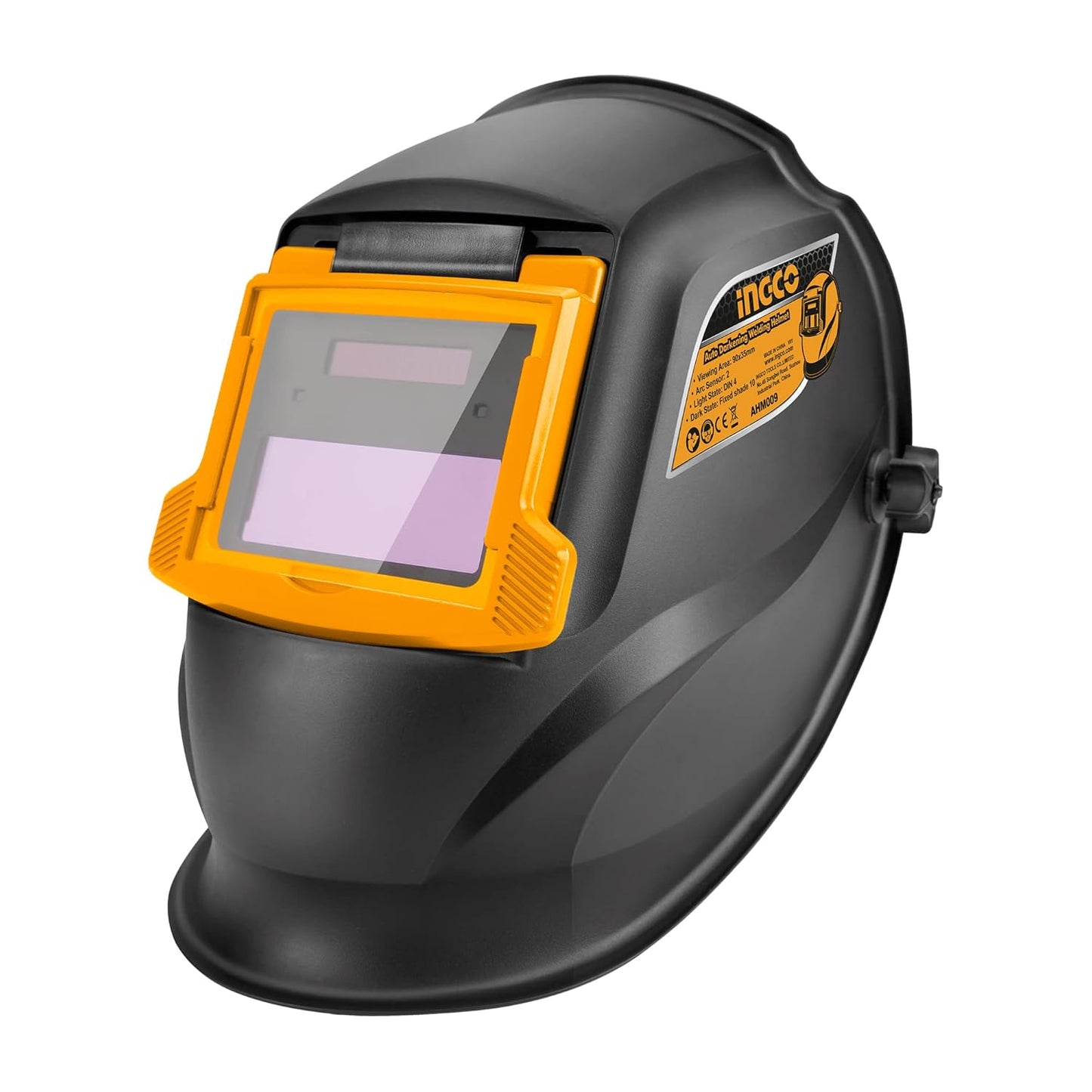INGCO Auto Darkening Welding Helmet, Solar Powered Welding Mask, 90×35mm | 2 Arc Sensor | 1/5000s Switching time | DIN 16 UV/IR Protection Welding Hood for Welding, Grinding, Cutting and so on