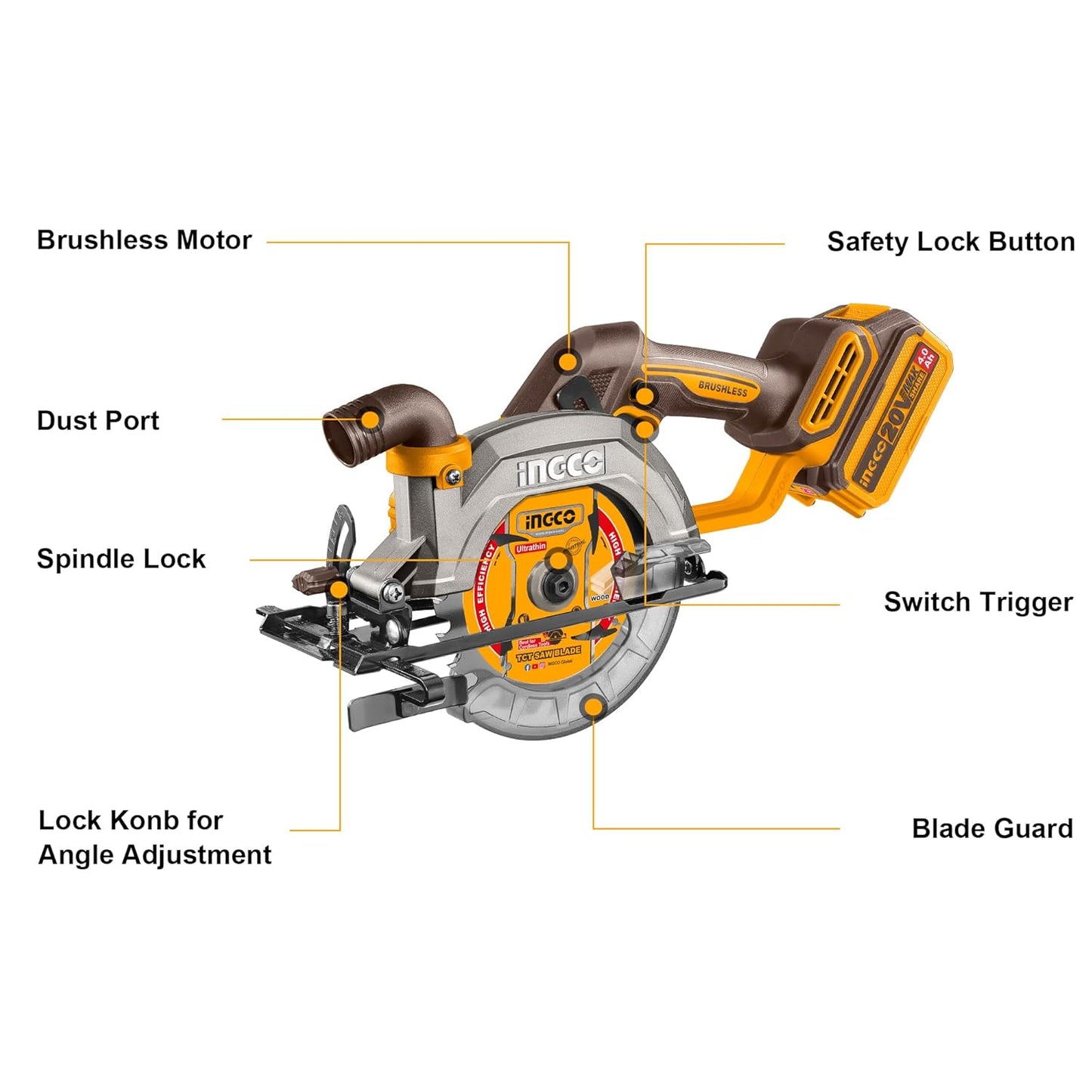 INGCO 20V Cordless Circular Saw (Body Only) 140mm, Brushless Motor, 6300RPM Max. Cutting Depth 50mm (90°) Electric Circular Saw, 20mm Arbor CSLI1402